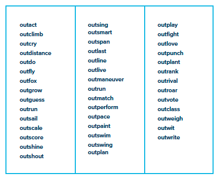 a long list of example of suitable action words beginning with "out"