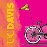 Illustration of the back half of a cruiser bike with Aggies pennant on the back on a pink backgroundand a UC Davis logo