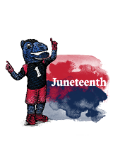 Illustration of Gunrock with the word Juneteenth written over a watercolor background.