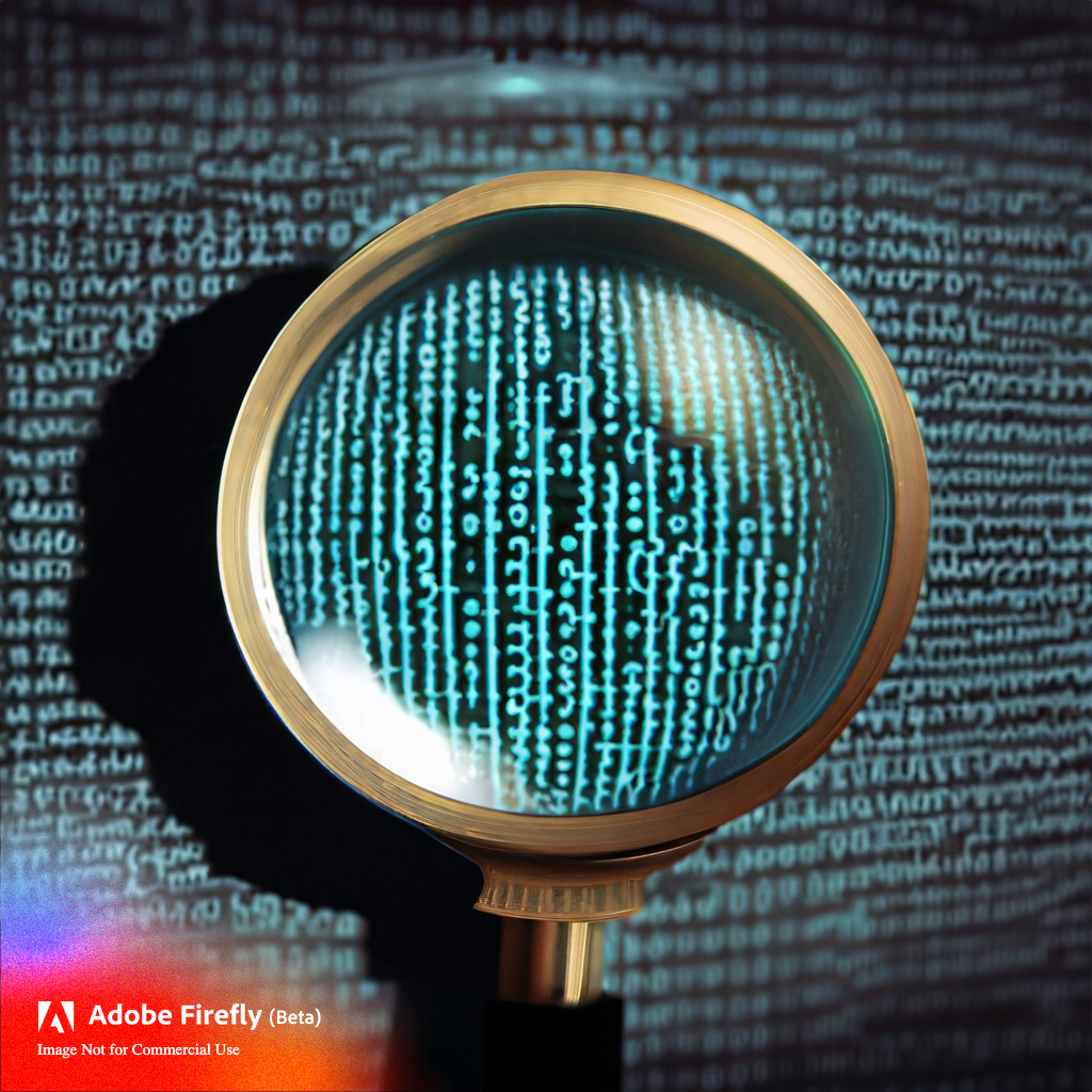 A digital, AI-generated image of a gold magnifying glass over illegible, vertical green-blue code on a black background.