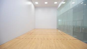 squash court with glass wall and wood floors, empty